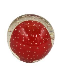 Paperweight Glass Vintage Art Glass Clear Red Bubble Design Controlled Bubble 2"